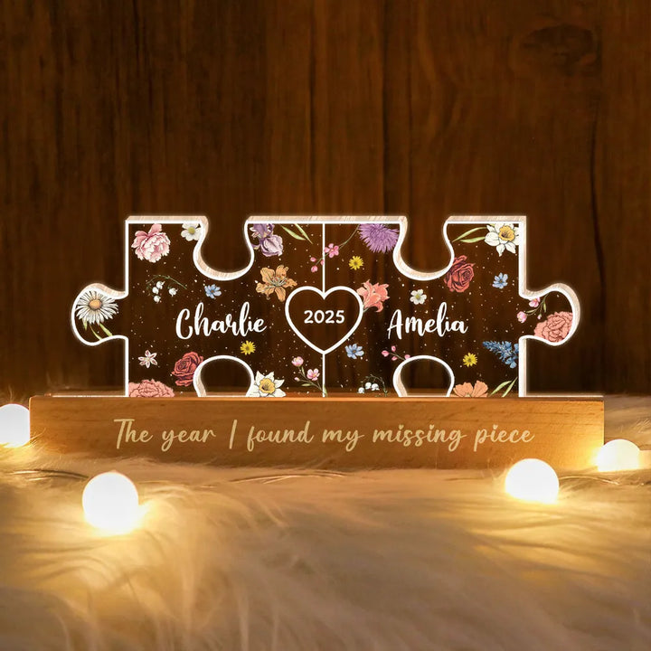 Tu es ma pièce manquante-Veilleuse LED en acrylique personnalisée avec initiales de couple sur le thème floral
