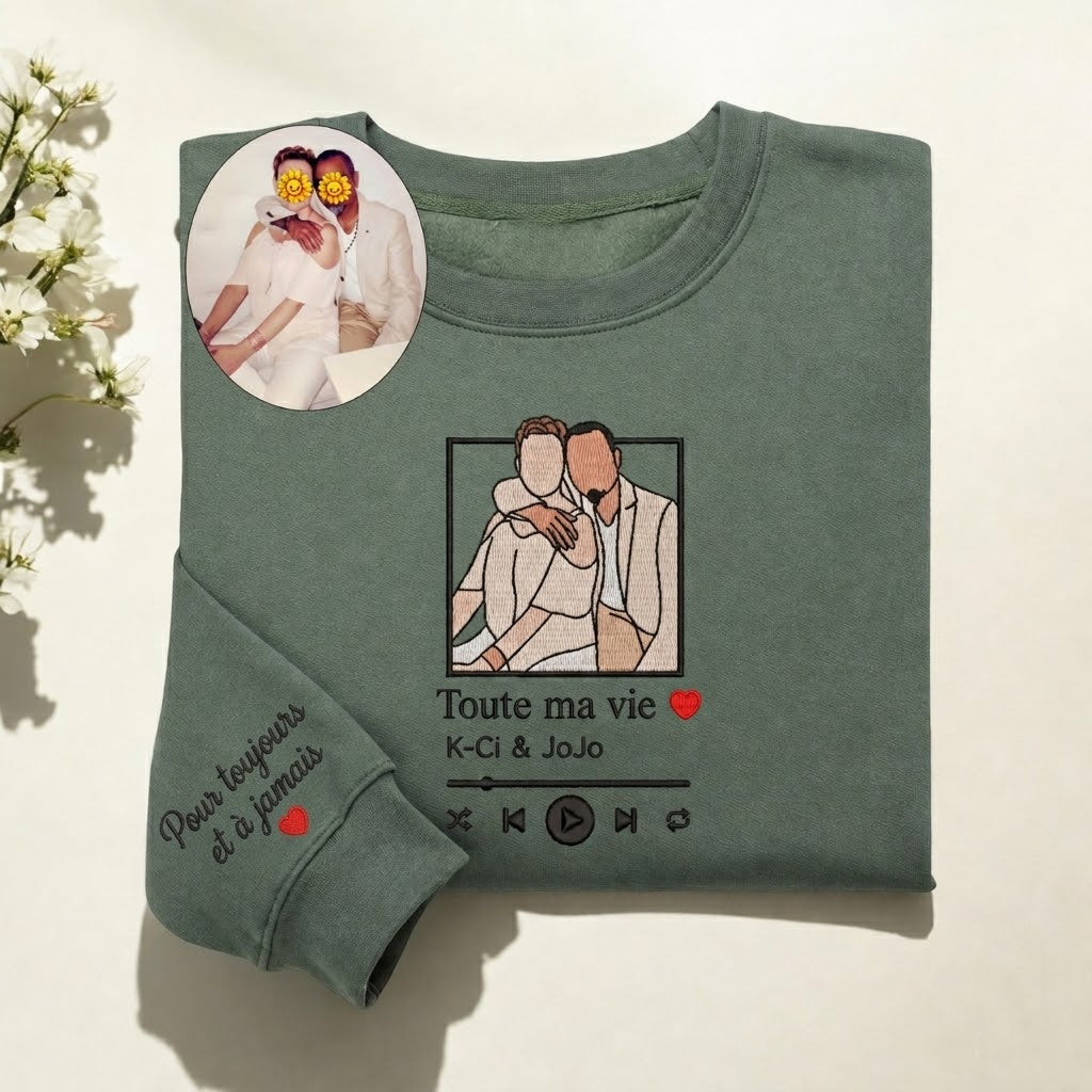 Sweat-shirt brodé avec portrait personnalisé et musique pour couple – Cadeau d'anniversaire ou de Noël