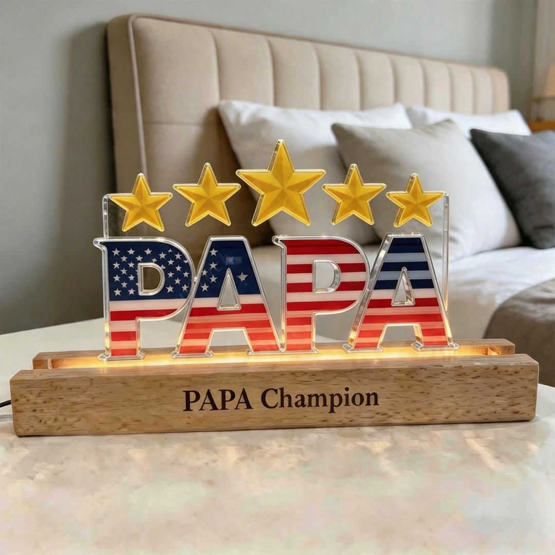 Lettre lumineuse personnalisée motif drapeau, avec étoiles et prénom — Cadeau pour les parents