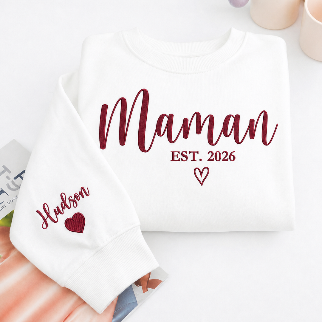 Sweat-shirt brodé personnalisé avec les prénoms des enfants sur la manche – Le cadeau idéal pour maman et marraine