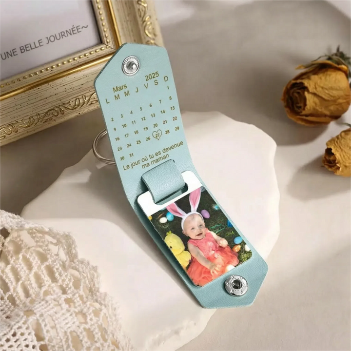 Porte-clés photo personnalisé en cuir avec date pour la famille