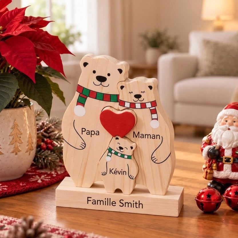 Puzzle Famille d’Ours en Bois Personnalisé avec Prénoms et Socle – Décoration de Noël pour Toute la Famille