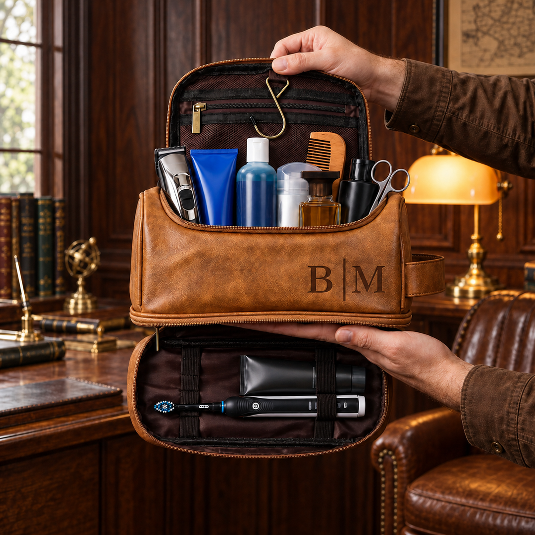 Trousse de toilette personnalisée en cuir double couche – un cadeau pour les pères et les hommes