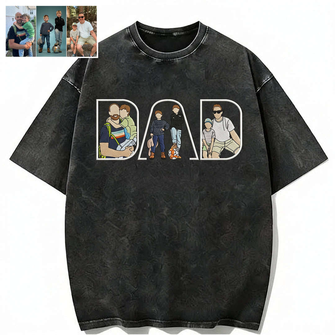 T-shirt lavé brodé avec photo personnalisée — Cadeau pour la fête des pères