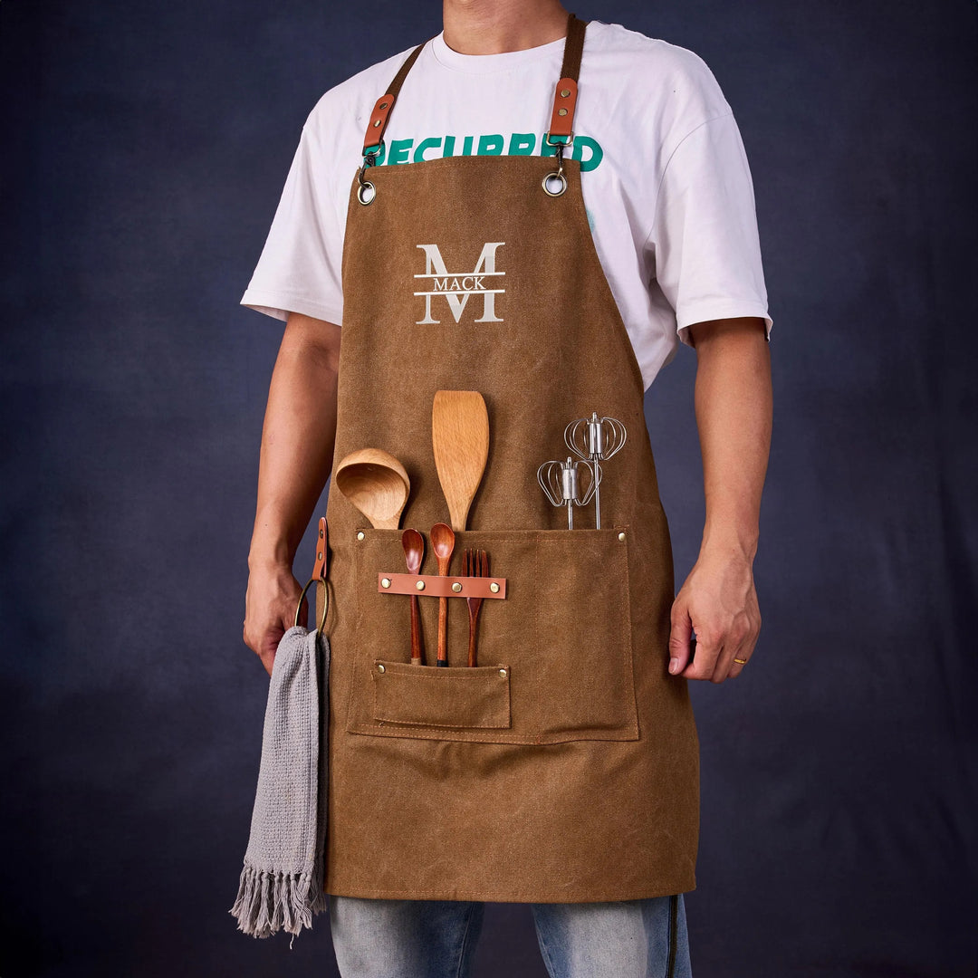 Tablier de barbecue personnalisé en toile cirée pour les papas, avec motif brodé