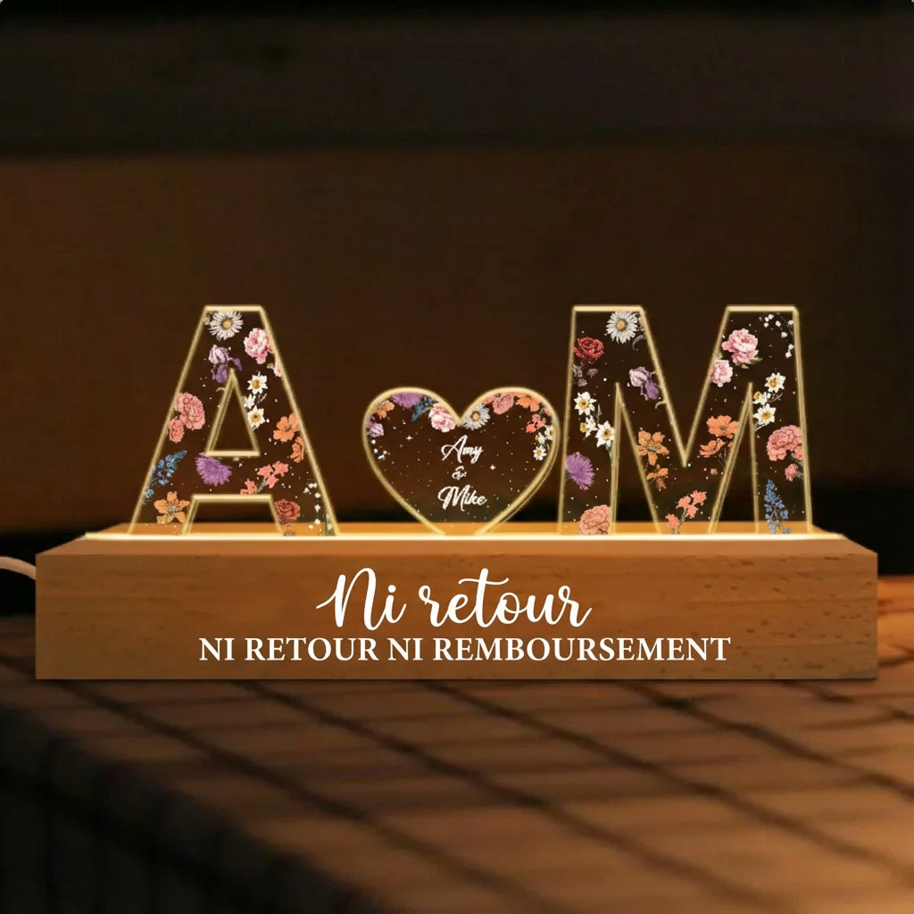 Veilleuse LED en acrylique floral avec initiales de couple personnalisées