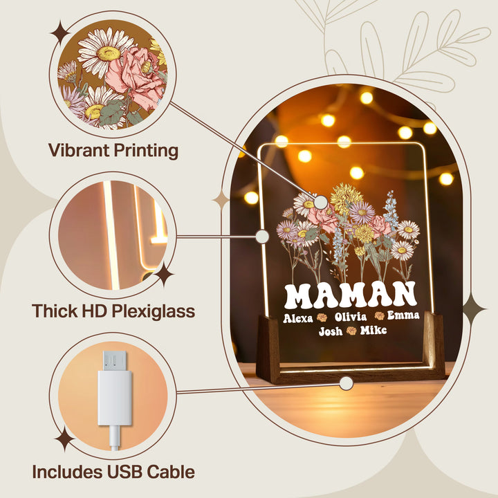 Fleur de naissance personnalisée en acrylique avec lumière LED et prénoms des enfants