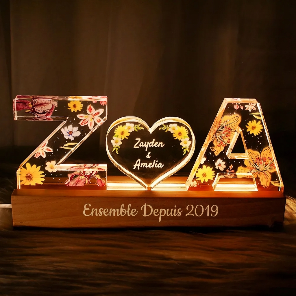 Veilleuse LED en acrylique floral avec initiales de couple personnalisées