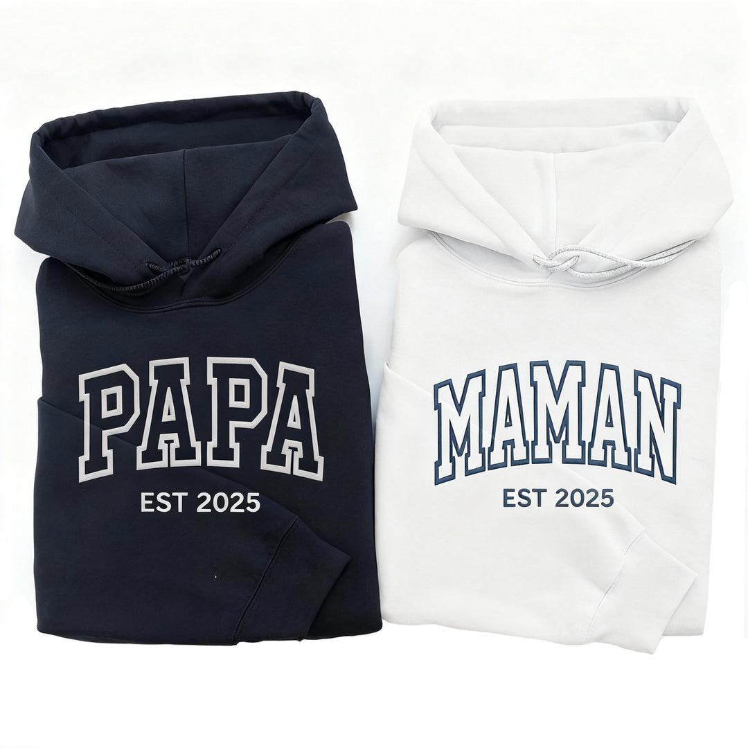 Sweat-shirt ou sweat à capuche brodé PAPA/MAMAN, nom de l'enfant sur la manche, cadeau pour les parents