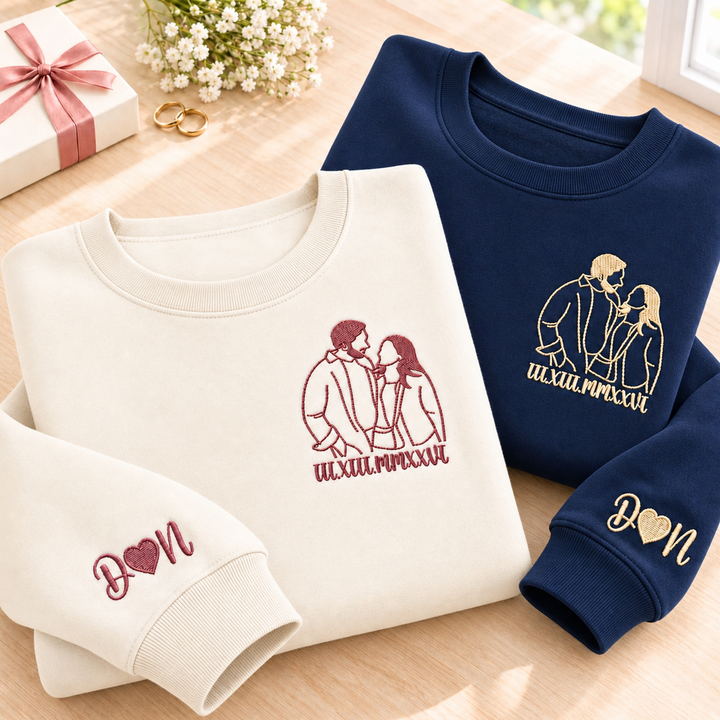 Sweat-shirt/T-shirt à chiffres romains avec contour brodé du portrait,un cadeau parfait pour les couples