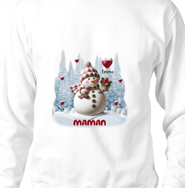 Sweat-shirt personnalisé Joyeux Noël Bonhomme de neige Grand-mère Maman Doux Cœur Enfants