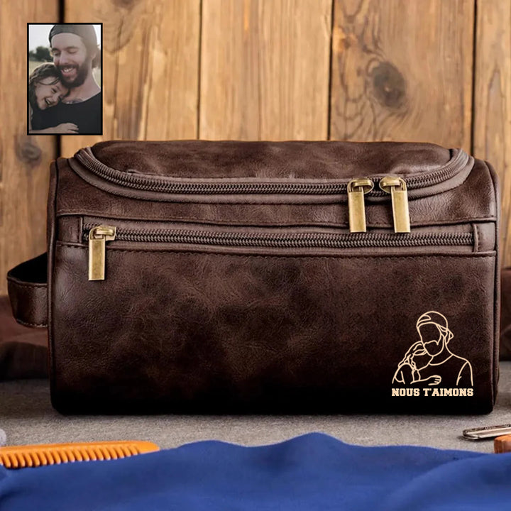 Portrait Personnalisé - Trousse de Toilette Homme en Cuir, Cadeau Unique pour Père