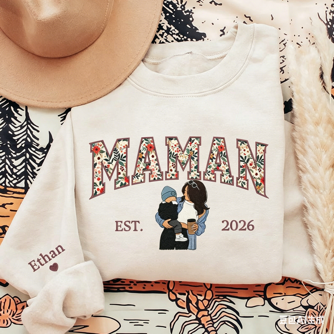 Sweat-shirt personnalisé brodé de motifs floraux avec portrait pour maman