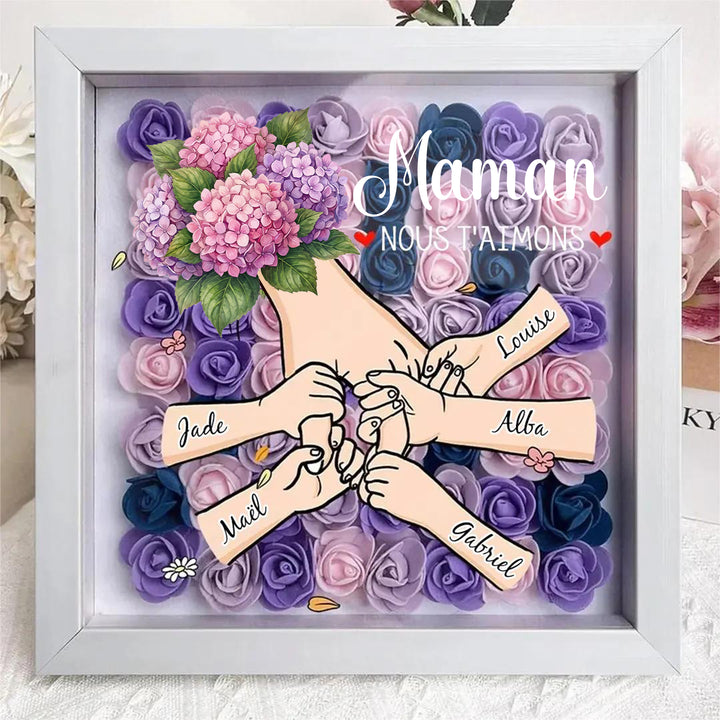 Cadre Ombre Personnalisé Maman Je t’aime – Mains Entrelacées & Bouquet Fait Main, Cadeau Fête des Mères