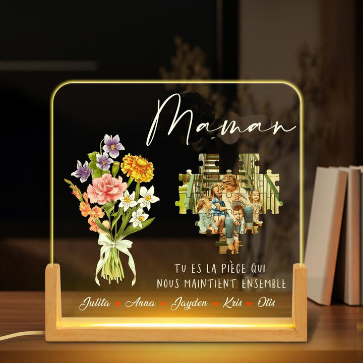 Lampe LED Photo Personnalisée, Cadeau de Fête des Mères avec Fleur de Mois de Naissance Personnalisée