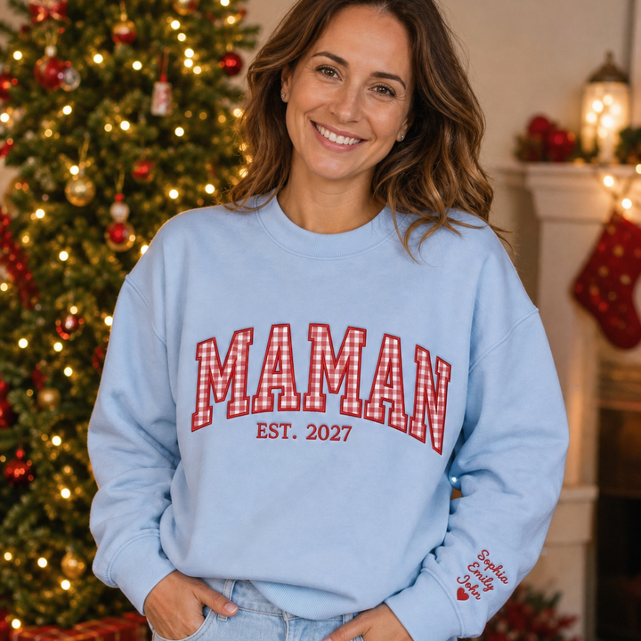 Sweat-shirt de Noël avec motif appliqué brodé et prénoms des enfants sur les manches