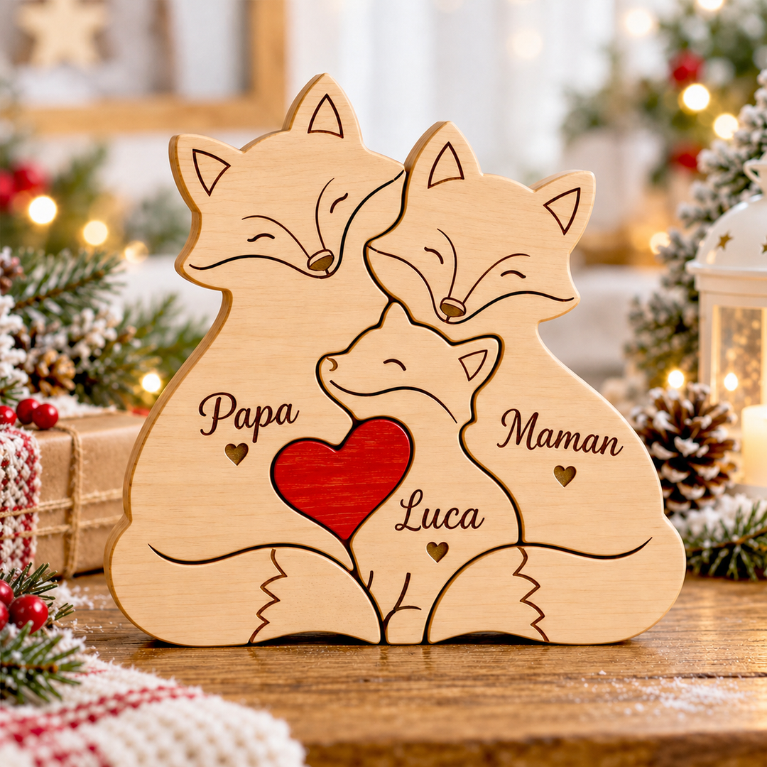 Puzzle Famille de Renards en Bois Personnalisé avec Prénoms– Décoration de Noël pour Toute la Famille