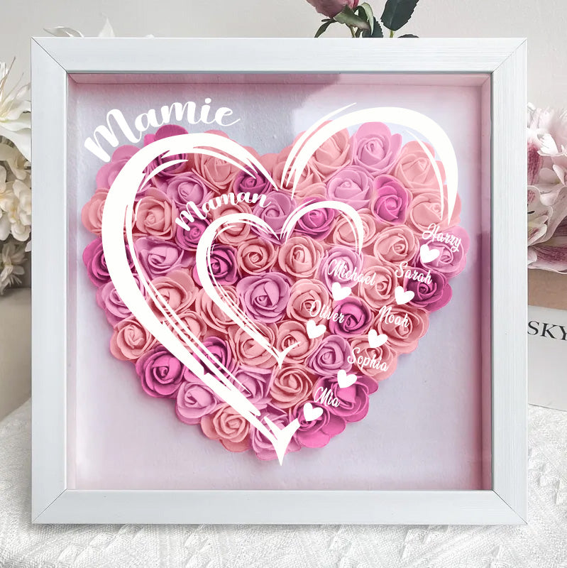 Couleur ombré - Cadre d'ombre personnalisé avec cœur de mère et pétales de fleurs