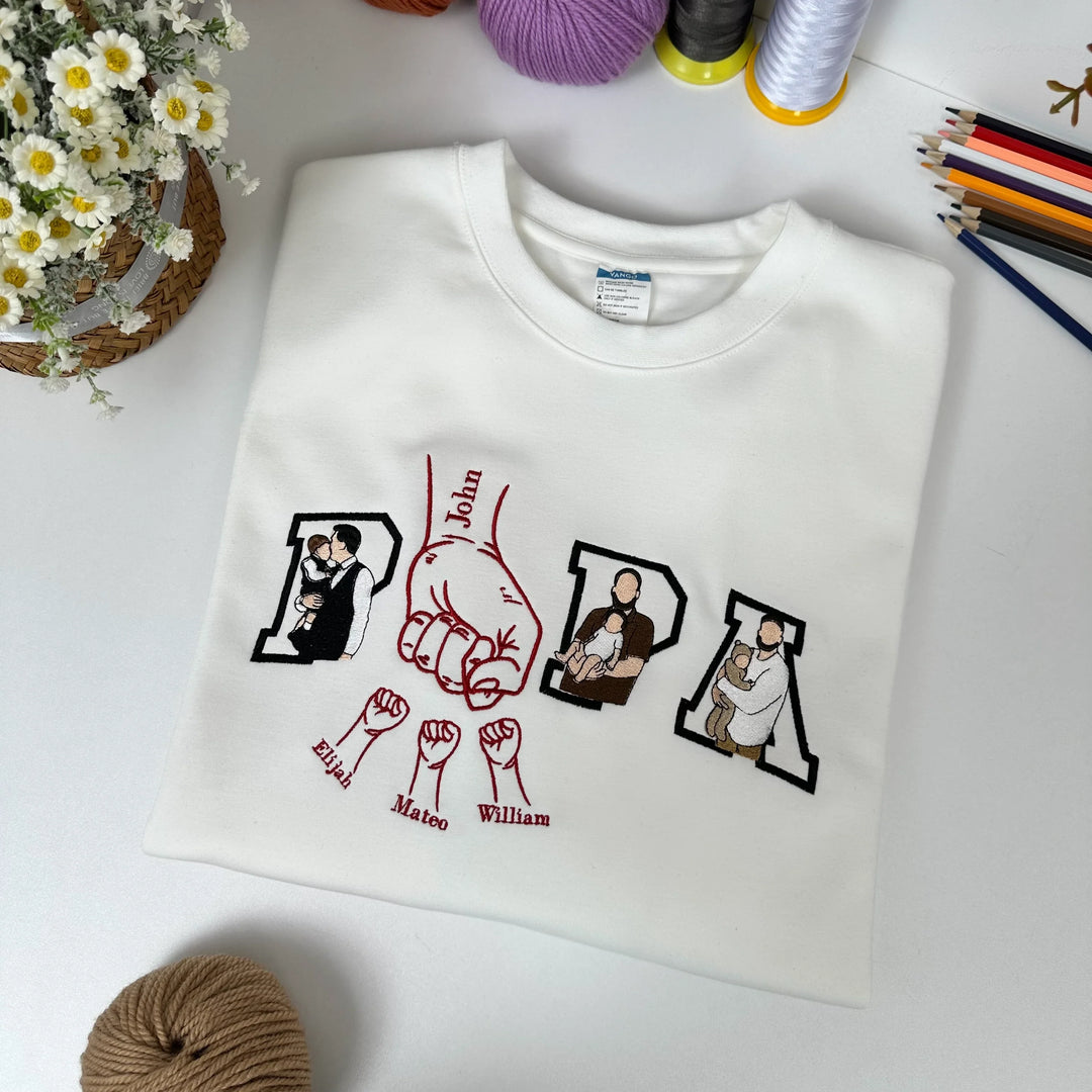 Photos brodées en couleur sur T-shirts et sweats – le cadeau idéal pour Papa