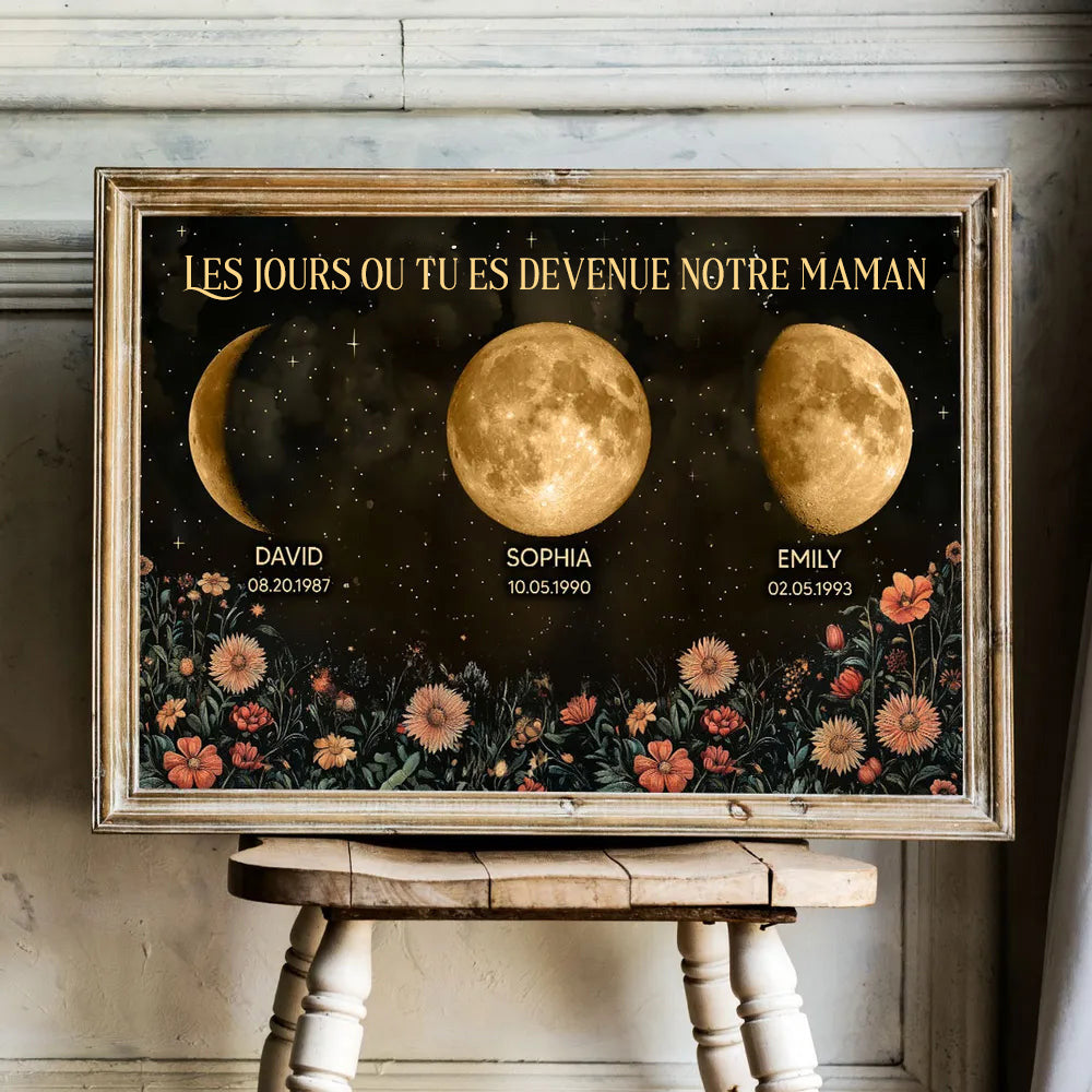Affiche personnalisée avec phases de lune et fleurs vintage, cadeau sincère pour la fête des Mères 2025