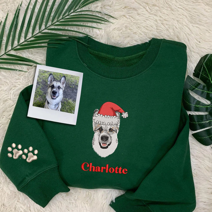 Sweat-shirt brodé personnalisé en couleur avec portrait d'animal de compagnie, avec chapeau de Noël