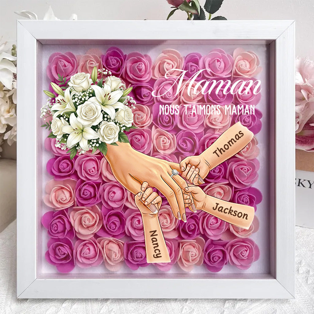 Boîte d’ombre cœur floral personnalisée Maman mains avec prénoms enfants et bague manicure