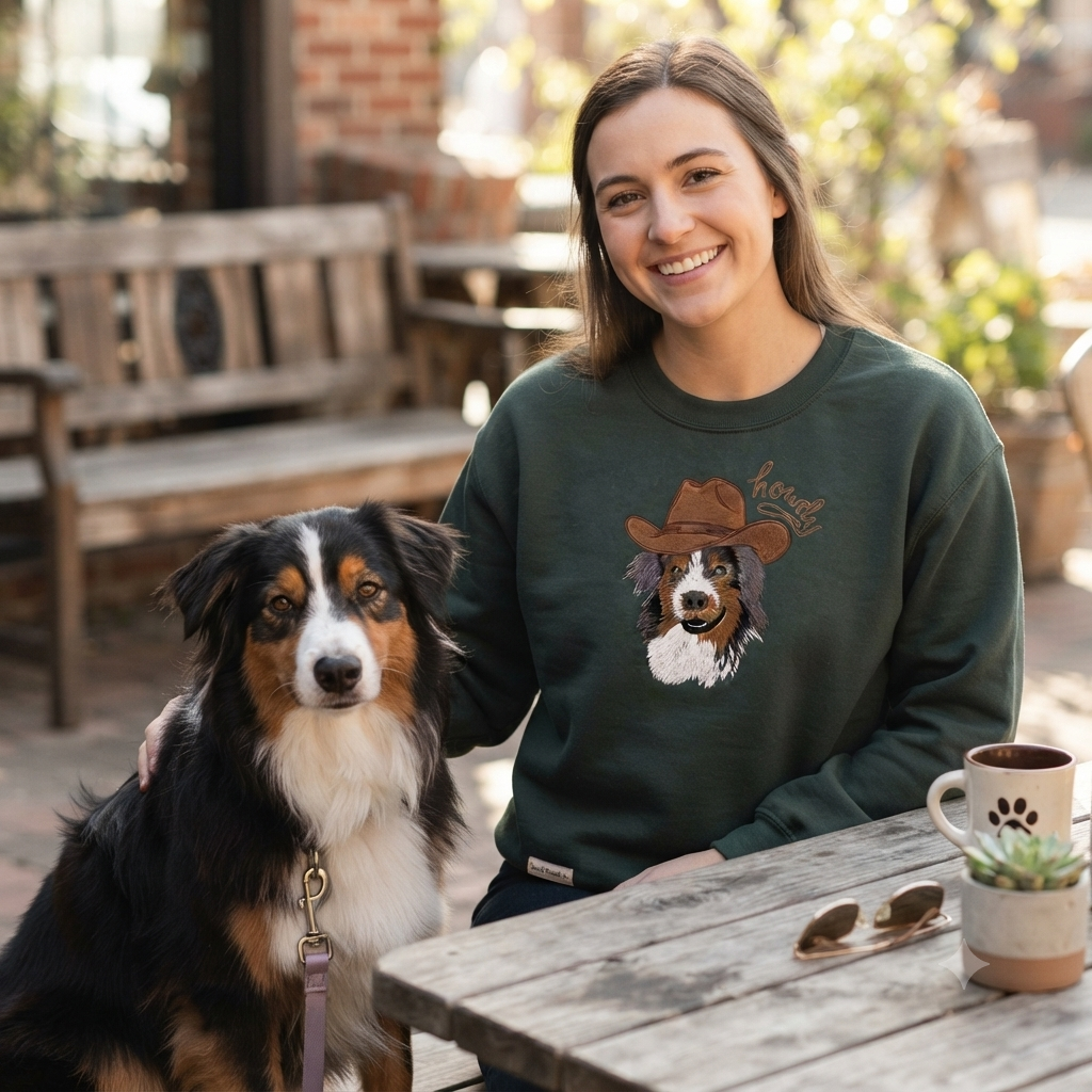 Sweat-shirt brodé avec portrait d'animal personnalisé, style cowboy western et options de chapeau en jean coloré
