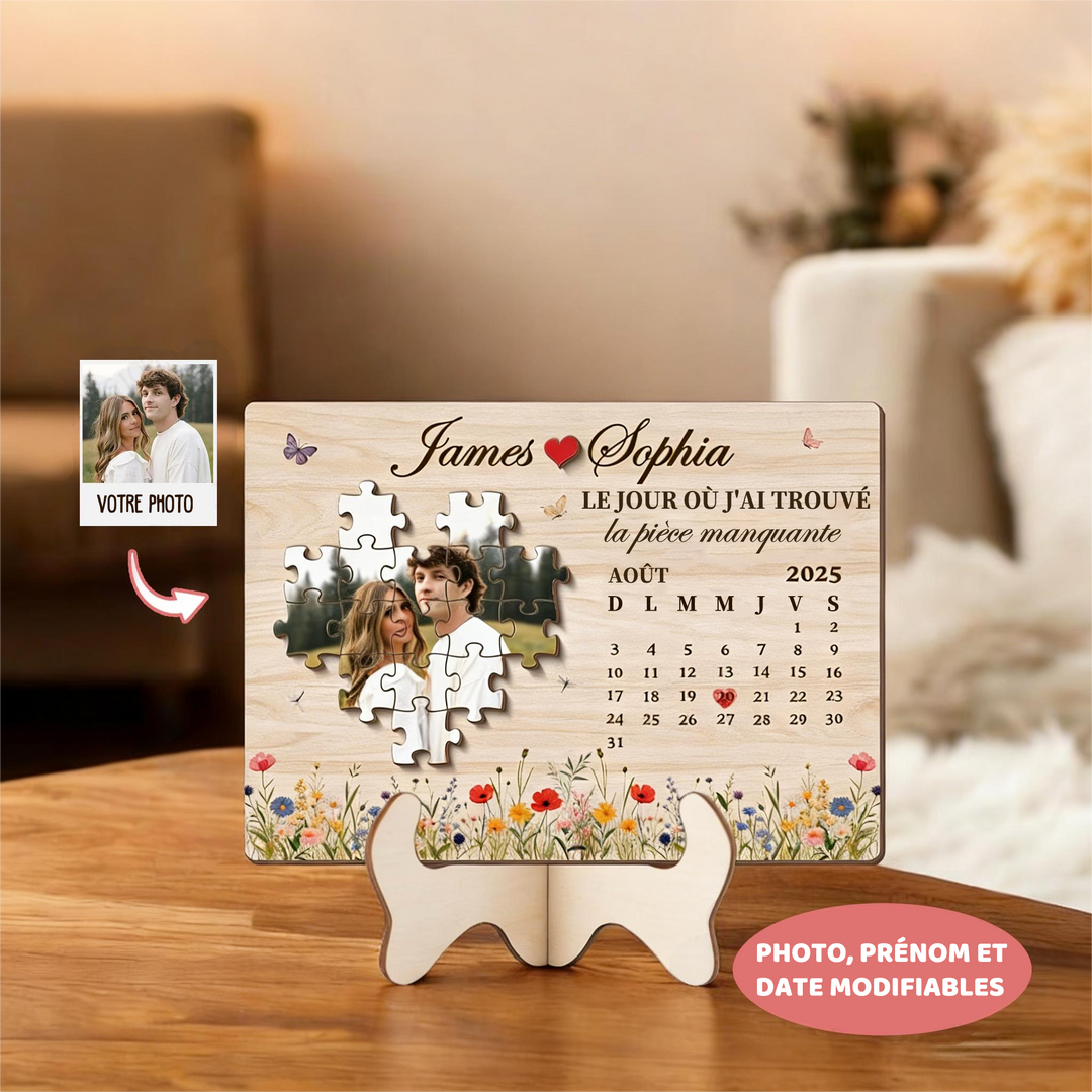 Puzzle personnalisé pour couple « Le jour où j'ai trouvé ma pièce manquante » avec plaque date personnalisée, cadeau d'anniversaire pour elle