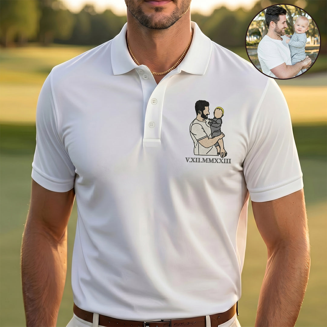 Polo personnalisé avec portrait couleur et date romaine, le cadeau parfait pour papa