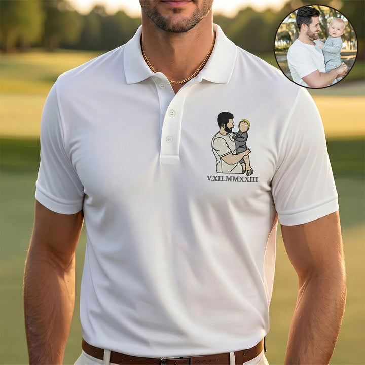 Polo personnalisé avec portrait couleur et date romaine, le cadeau parfait pour papa