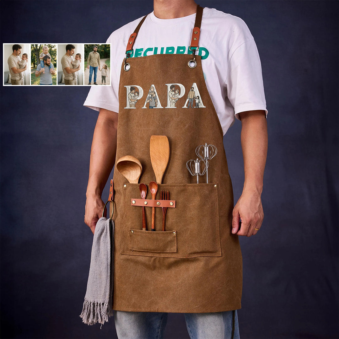 Tablier de barbecue en toile cirée brodée d'un portrait, spécialement conçu pour papa