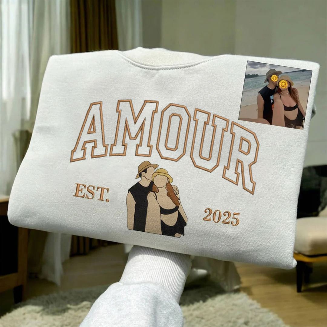 2025 Sweat-shirt personnalisé avec portrait brodé photo AMOUR