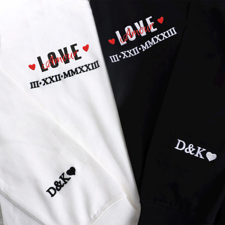 Sweat-shirts pour couples brodés en chiffres romains avec les mots LOVE et Amour