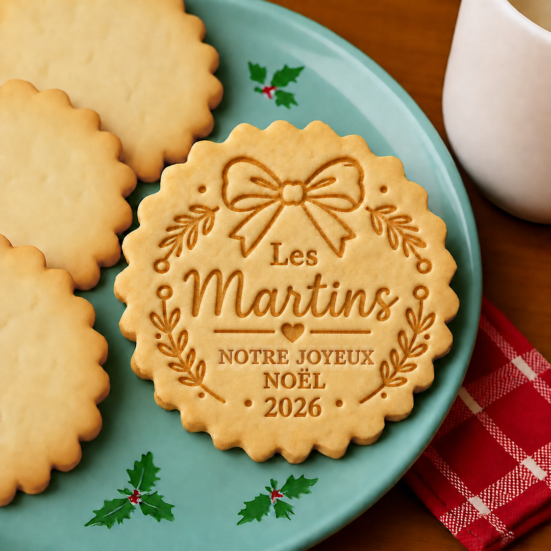 Emporte-pièce et tampon à biscuits personnalisés avec nom de famille – Notre joyeux Noël