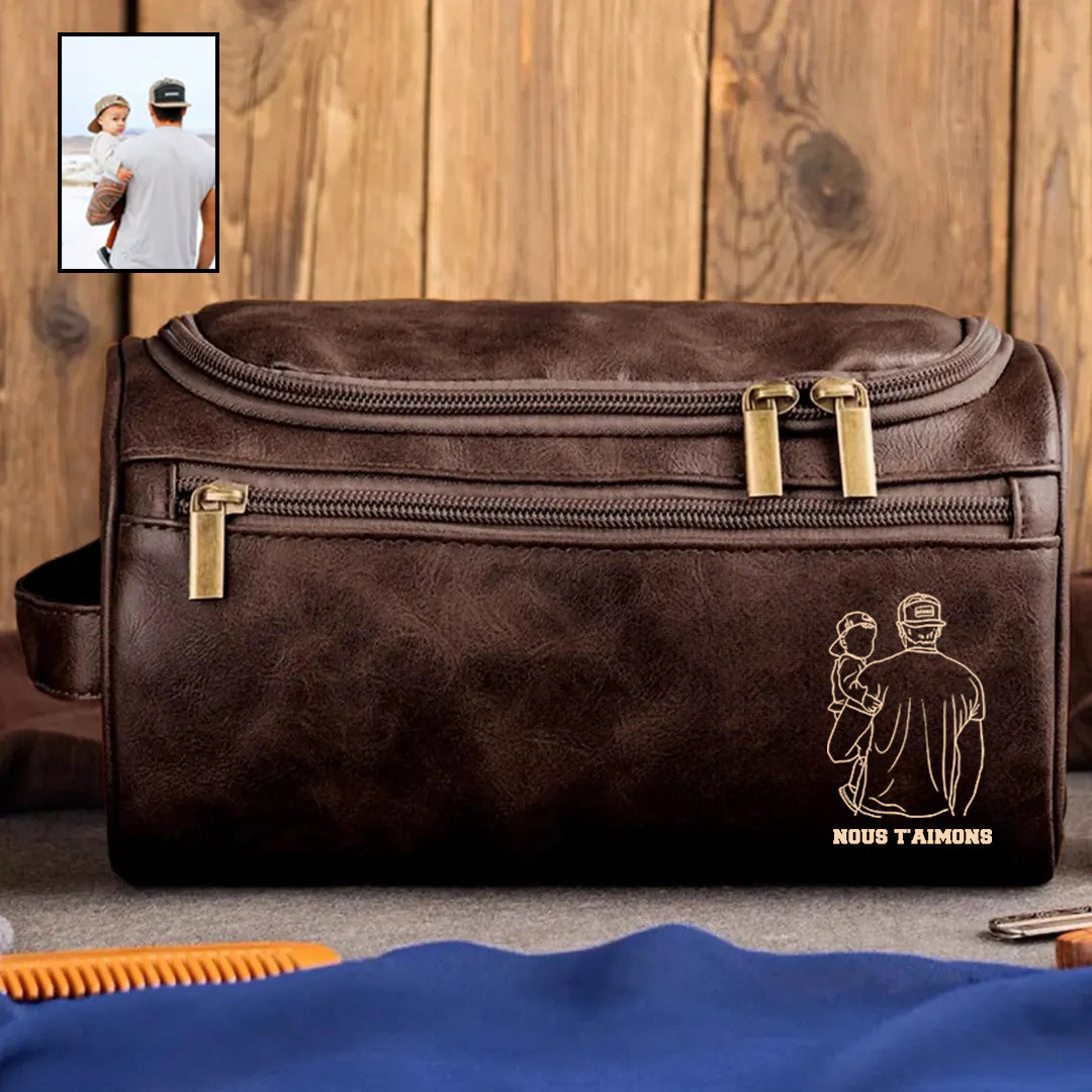 Portrait Personnalisé - Trousse de Toilette Homme en Cuir, Cadeau Unique pour Père
