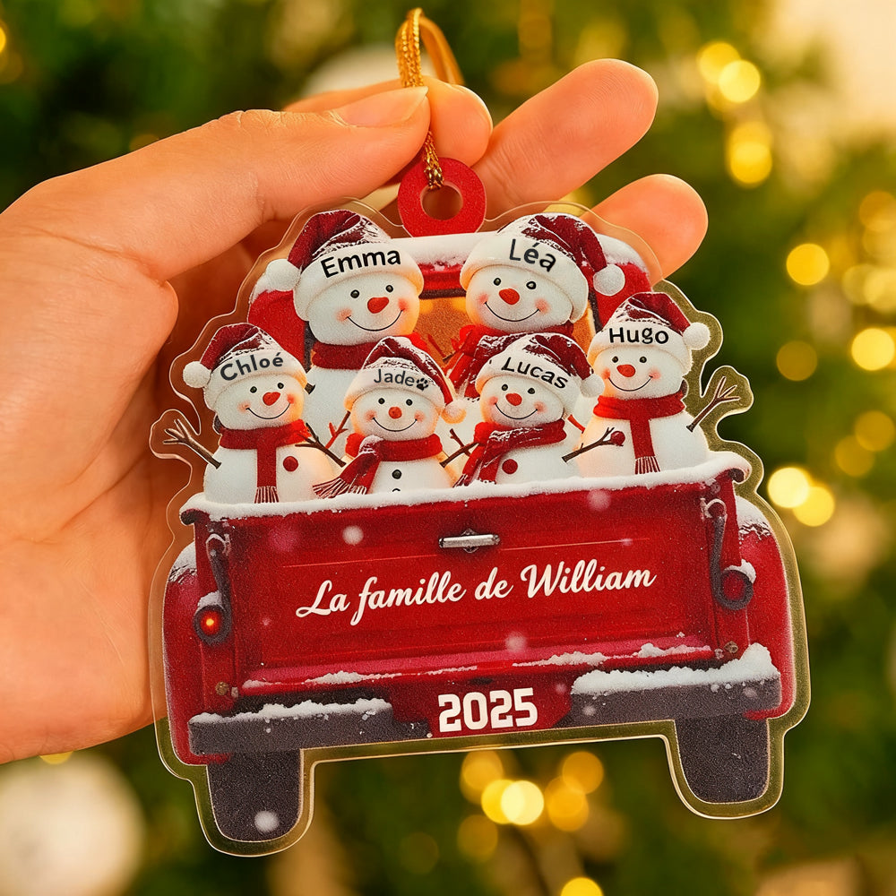 Décoration de Noël personnalisée en forme de bonhomme de neige mignon dans un camion rouge