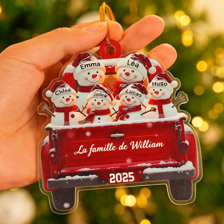 Décoration de Noël personnalisée en forme de bonhomme de neige mignon dans un camion rouge