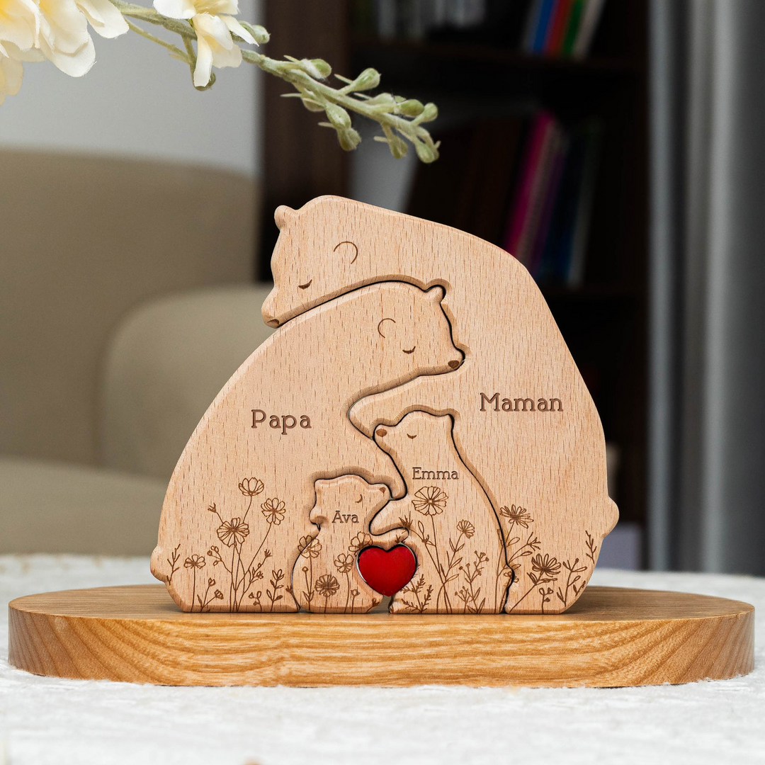 Édition florale de la famille d'ours - Puzzle personnalisé en bois de la famille d'ours