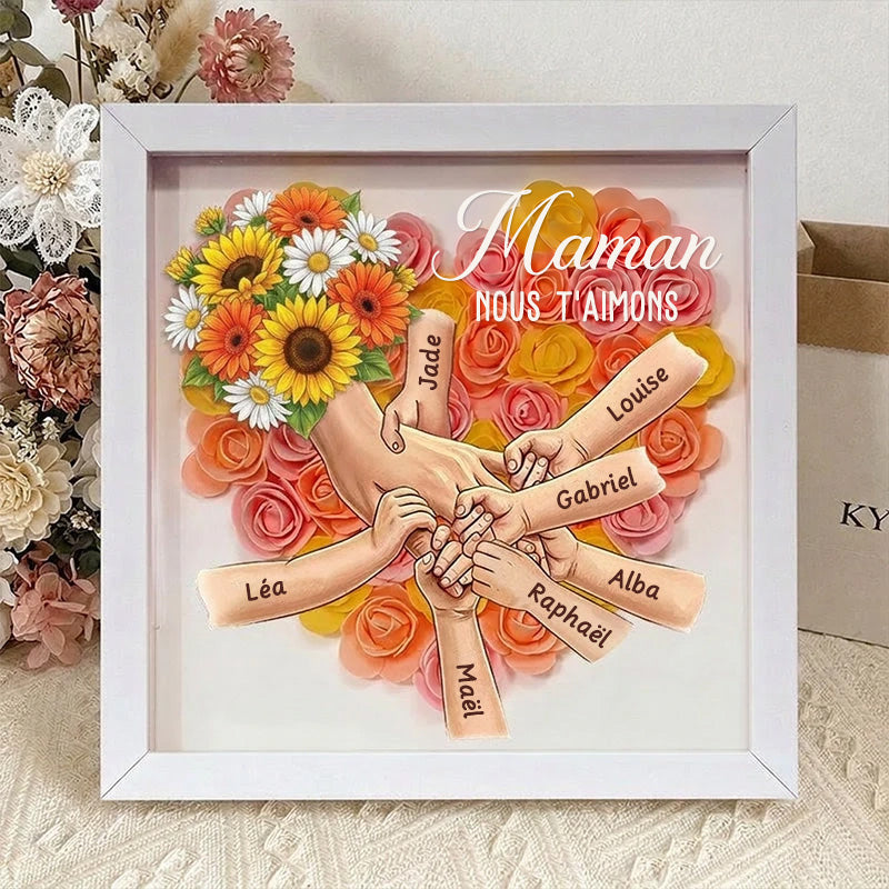Cadre souvenir personnalisé maman se tenant la main avec tournesol et prénom – cadeau fête des mères