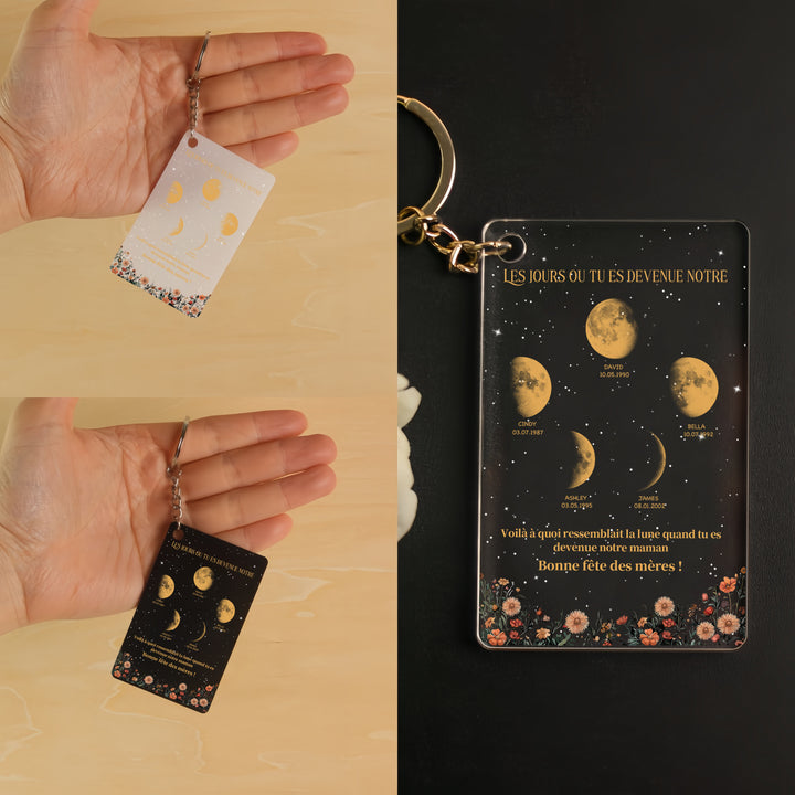 Porte-clés pendentif fleur en acrylique, phases de lune, cadeau de fête des mères