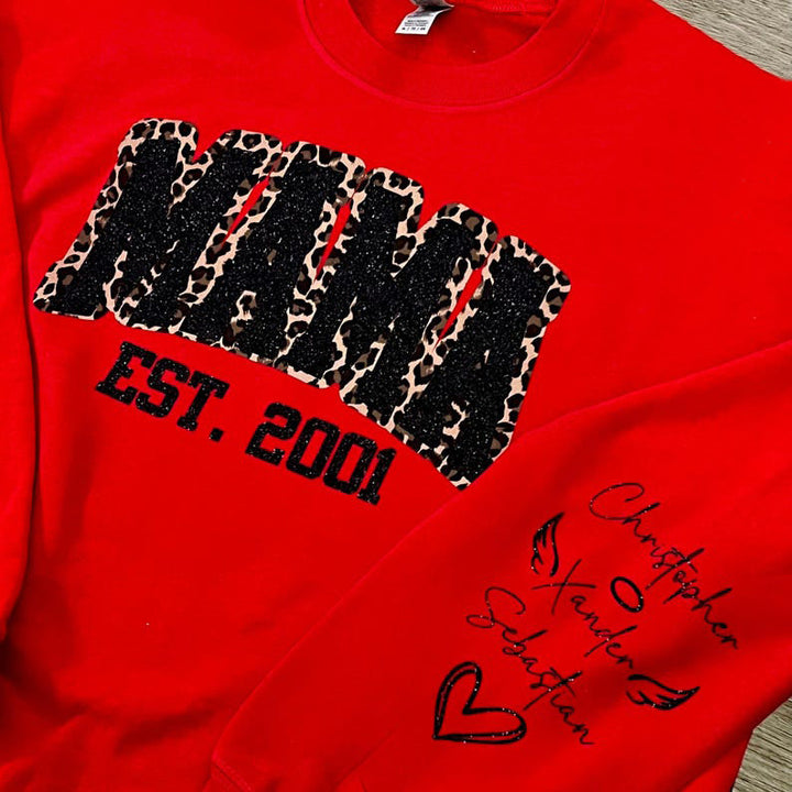 Sweat-shirt à paillettes personnalisé avec broderie léopard Mama Est Yaer et nom d'enfant