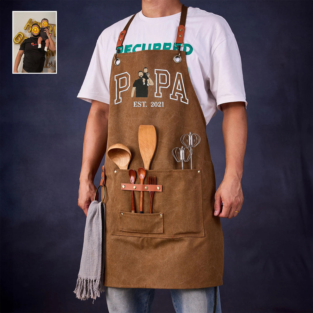 Tablier de barbecue en toile cirée brodée d'un portrait, cadeau pour papa