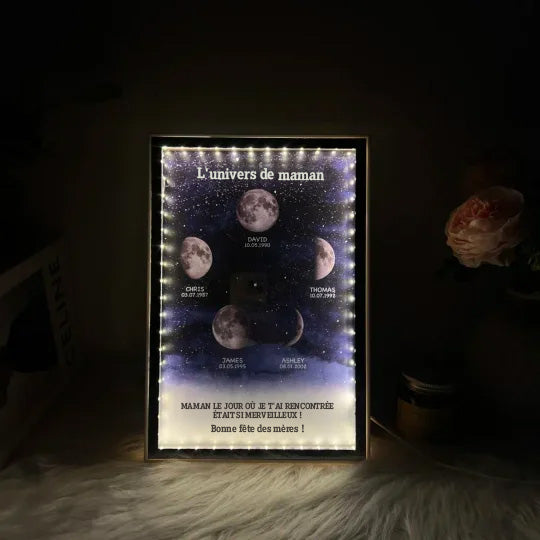 L'univers de maman/papa - Miroir lumineux personnalisé avec phases de lune étoilées