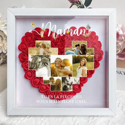 Boîte d’ombre cœur en roses personnalisée avec photos – Cadre souvenir familial