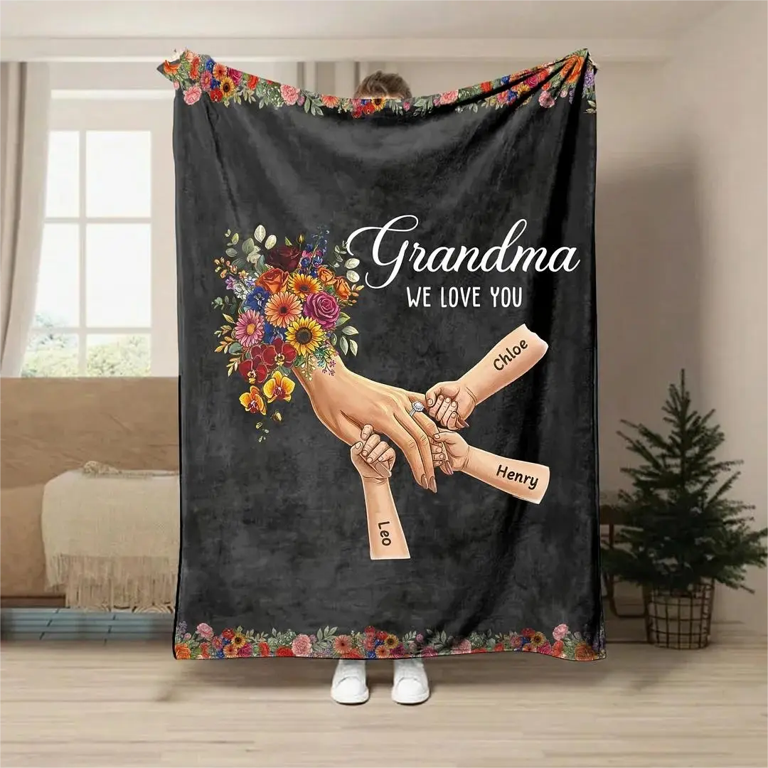 Plaid couverture personnalisée Maman mains entrelacées avec prénoms et fleurs