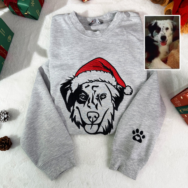 Sweat à capuche ou sweat-shirt brodé personnalisé avec le visage de votre animal de compagnie et un bonnet de Père Noël coloré, cadeau de Noël ou de deuil