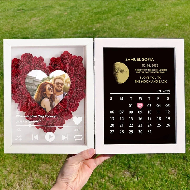 Cadre de fleurs personnalisé avec calendrier d'anniversaire de VRAIES PHASE DE LUNE
