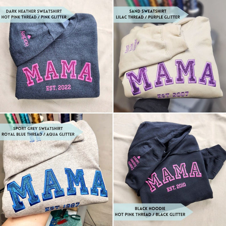 Sweat-shirt personnalisé pour maman avec paillettes brodées avec le nom de l'enfant sur la manche