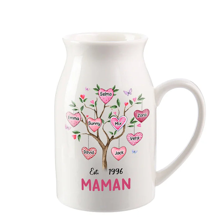 Vase à Fleurs Arbre 2-8 Prénoms Personnalisés avec Texte et Année