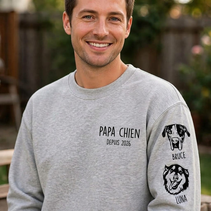Sweat-shirt personnalisé pour maman de chien, portrait et prénoms de vos compagnons brodés sur les manches